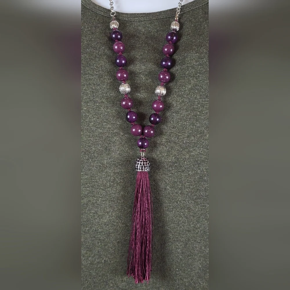 CATO Purple and Silver Beaded Tassel Drop Necklace